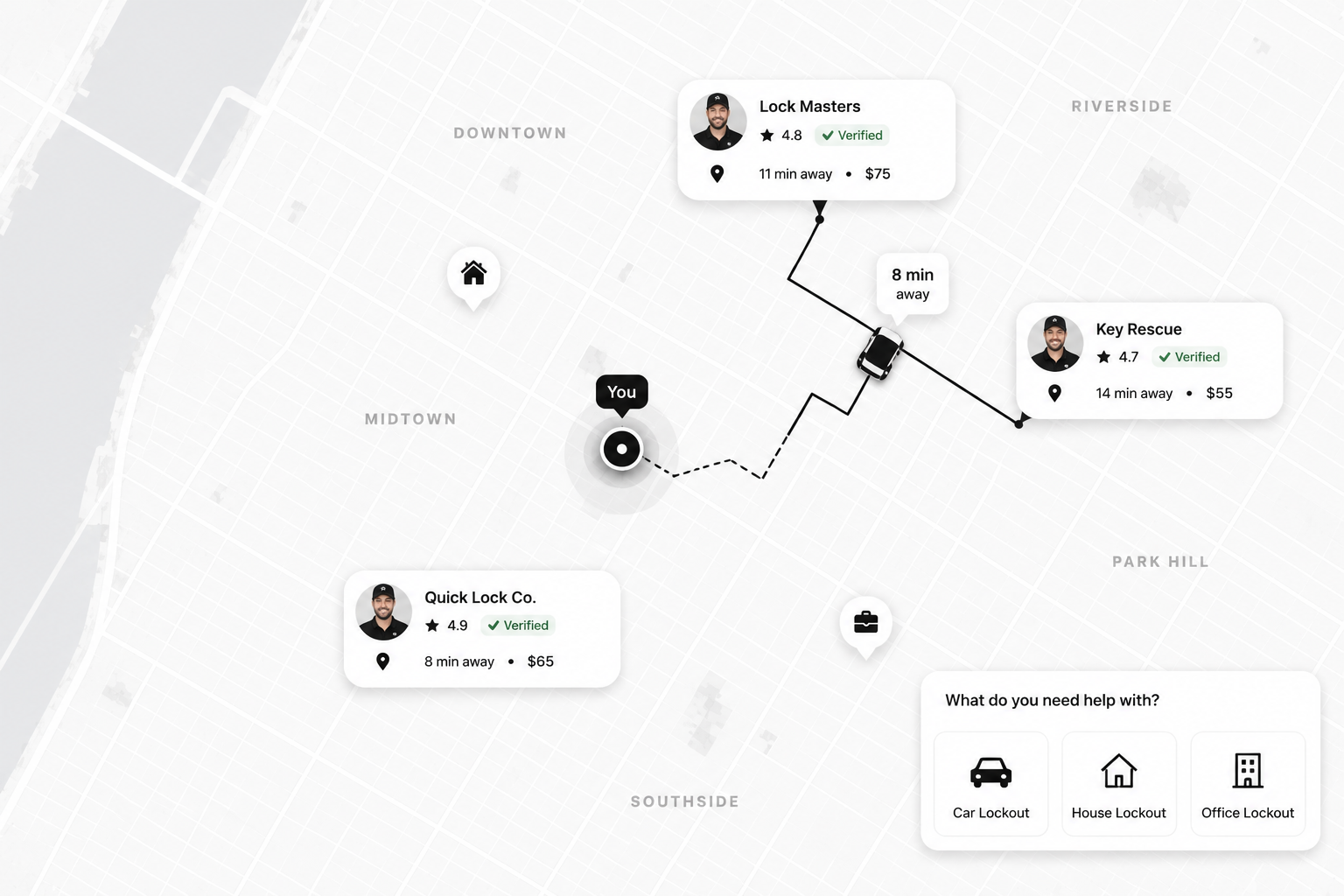 Map showing your location and nearby locksmiths with ETAs